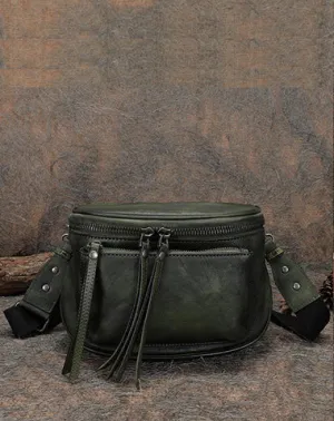 Green Leather Womens Saddle Shoulder Bag Fanny Pack Handmade Crossbody Purse for Ladies Black Gray