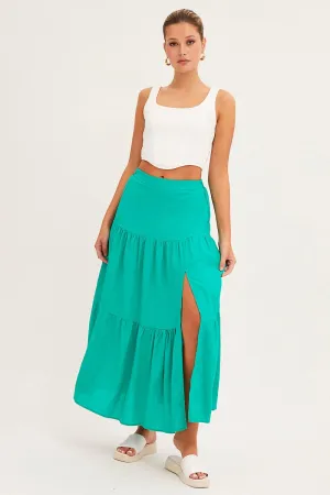 Green Maxi Skirt High Waist Split Tiered,skirt,denim skirt,mini skirt,maxi skirt,jean skirt,skort,tennis skirt,pleated skirt,pencil skirt,bubble skirt,plisse skirt,fitted skirt,midi skirt,short skirt,short mini skirt,leather skirt,a line skirt,Split skirt