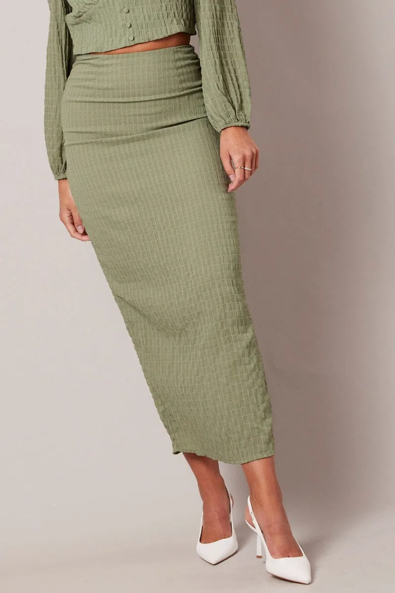 Green Midi Skirt High Rise Textured Fabric,skirt,denim skirt,mini skirt,maxi skirt,jean skirt,skort,tennis skirt,pleated skirt,pencil skirt,bubble skirt,plisse skirt,fitted skirt,midi skirt,short skirt,short mini skirt,leather skirt,a line skirt,Split skir