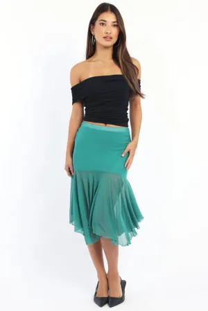 Green Midi Skirt Scarf Hem Asymmetric Mesh Lined,skirt,denim skirt,mini skirt,maxi skirt,jean skirt,skort,tennis skirt,pleated skirt,pencil skirt,bubble skirt,plisse skirt,fitted skirt,midi skirt,short skirt,short mini skirt,leather skirt,a line skirt