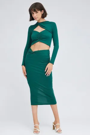 Green Midi Skirt Twisted Waist Double Layer,skirt,denim skirt,mini skirt,maxi skirt,jean skirt,skort,tennis skirt,pleated skirt,pencil skirt,bubble skirt,plisse skirt,fitted skirt,midi skirt,short skirt,short mini skirt,leather skirt,a line skirt,Split ski