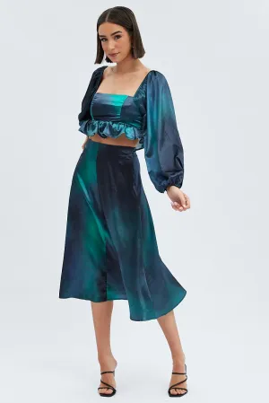 Green Print Midi Skirt High Waisted A-line Panelled Satin,skirt,denim skirt,mini skirt,maxi skirt,jean skirt,skort,tennis skirt,pleated skirt,pencil skirt,bubble skirt,plisse skirt,fitted skirt,midi skirt,short skirt,short mini skirt,leather skirt,a line s