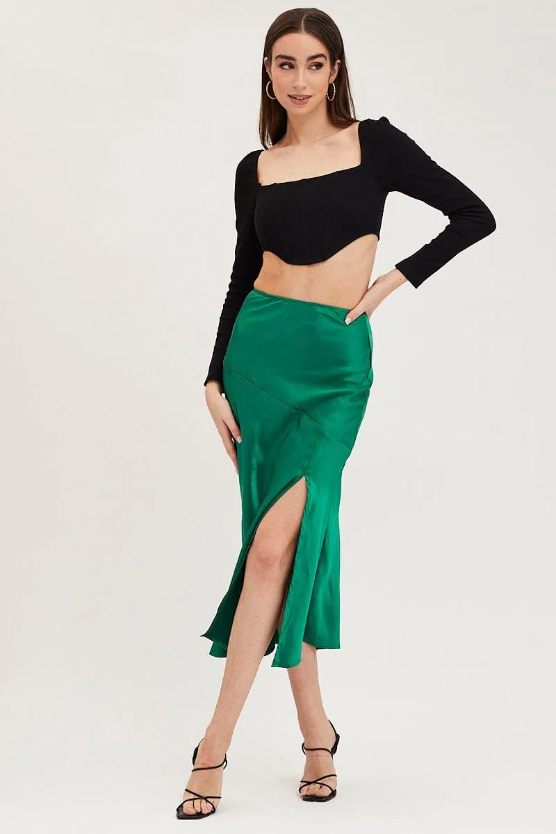 Green Slip Skirt Front Split Satin,skirt,denim skirt,mini skirt,maxi skirt,jean skirt,skort,tennis skirt,pleated skirt,pencil skirt,bubble skirt,plisse skirt,fitted skirt,midi skirt,short skirt,short mini skirt,leather skirt,a line skirt,Split skirt