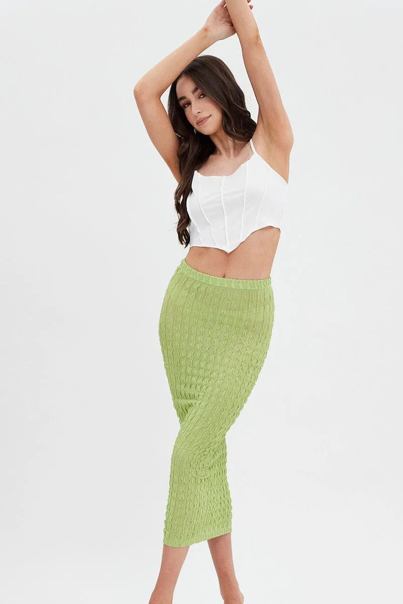 Green Textured Midi Skirt,skirt,denim skirt,mini skirt,maxi skirt,jean skirt,skort,tennis skirt,pleated skirt,pencil skirt,bubble skirt,plisse skirt,fitted skirt,midi skirt,short skirt,short mini skirt,leather skirt,a line skirt,Split skirt
