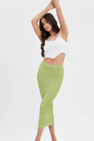 Green Textured Midi Skirt,skirt,denim skirt,mini skirt,maxi skirt,jean skirt,skort,tennis skirt,pleated skirt,pencil skirt,bubble skirt,plisse skirt,fitted skirt,midi skirt,short skirt,short mini skirt,leather skirt,a line skirt,Split skirt