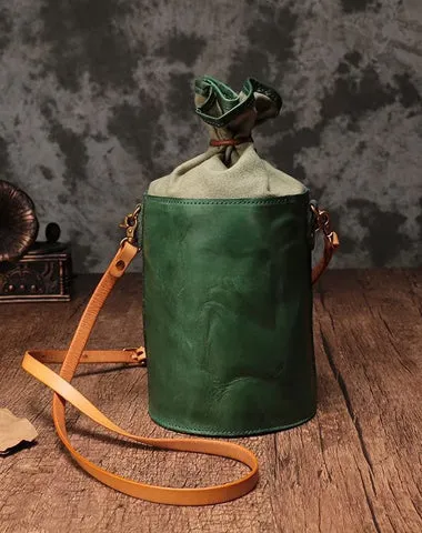 Green WOmens Leather Shoulder Bag Bucket Bag Small Brown Crossbody Barrel Bag Bucket Purse for ladies cheap online
