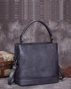 Grey Ladies Vintage Leather Bucket Handbag Leather Bucket Brown Shoulder Bag Barrel Purse for Women cheap online