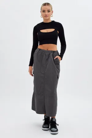 Grey Maxi Skirt Low Rise Cargo Parachute,skirt,denim skirt,mini skirt,maxi skirt,jean skirt,skort,tennis skirt,pleated skirt,pencil skirt,bubble skirt,plisse skirt,fitted skirt,midi skirt,short skirt,short mini skirt,leather skirt,a line skirt,Split skirt