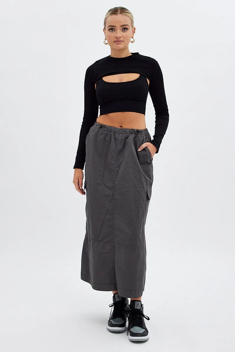 Grey Maxi Skirt Low Rise Cargo Parachute,skirt,denim skirt,mini skirt,maxi skirt,jean skirt,skort,tennis skirt,pleated skirt,pencil skirt,bubble skirt,plisse skirt,fitted skirt,midi skirt,short skirt,short mini skirt,leather skirt,a line skirt,Split skirt