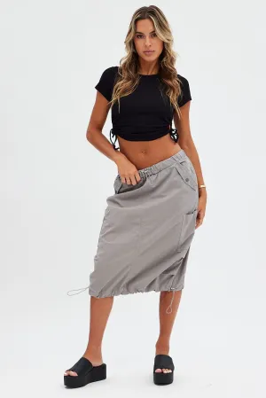 Grey Midi Skirt Mid Rise Cargo Drawstring Elastic Waist,skirt,denim skirt,mini skirt,maxi skirt,jean skirt,skort,tennis skirt,pleated skirt,pencil skirt,bubble skirt,plisse skirt,fitted skirt,midi skirt,short skirt,short mini skirt,leather skirt,a line ski