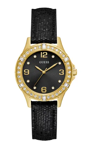 Guess Black Dial and Leather Strap Gold Case Watch U1353L1M 