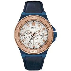 Guess Men's Watch - Force Quartz Day-Date White Dial Black Leather Strap | W0674G7 