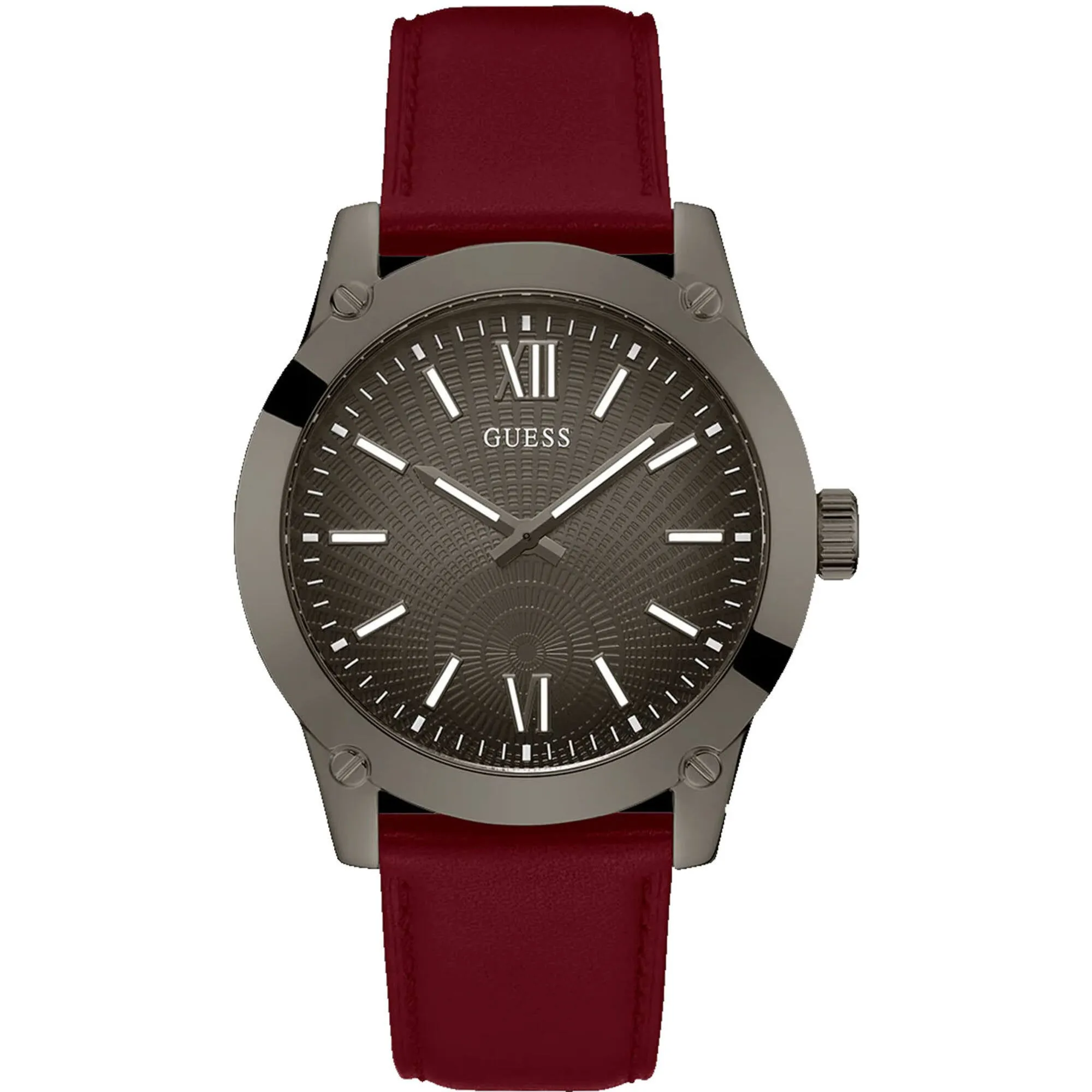 Guess Men's Watch - Quartz SS Case Gunmetal Dial Burgundy Leather Strap | GW0628G4 