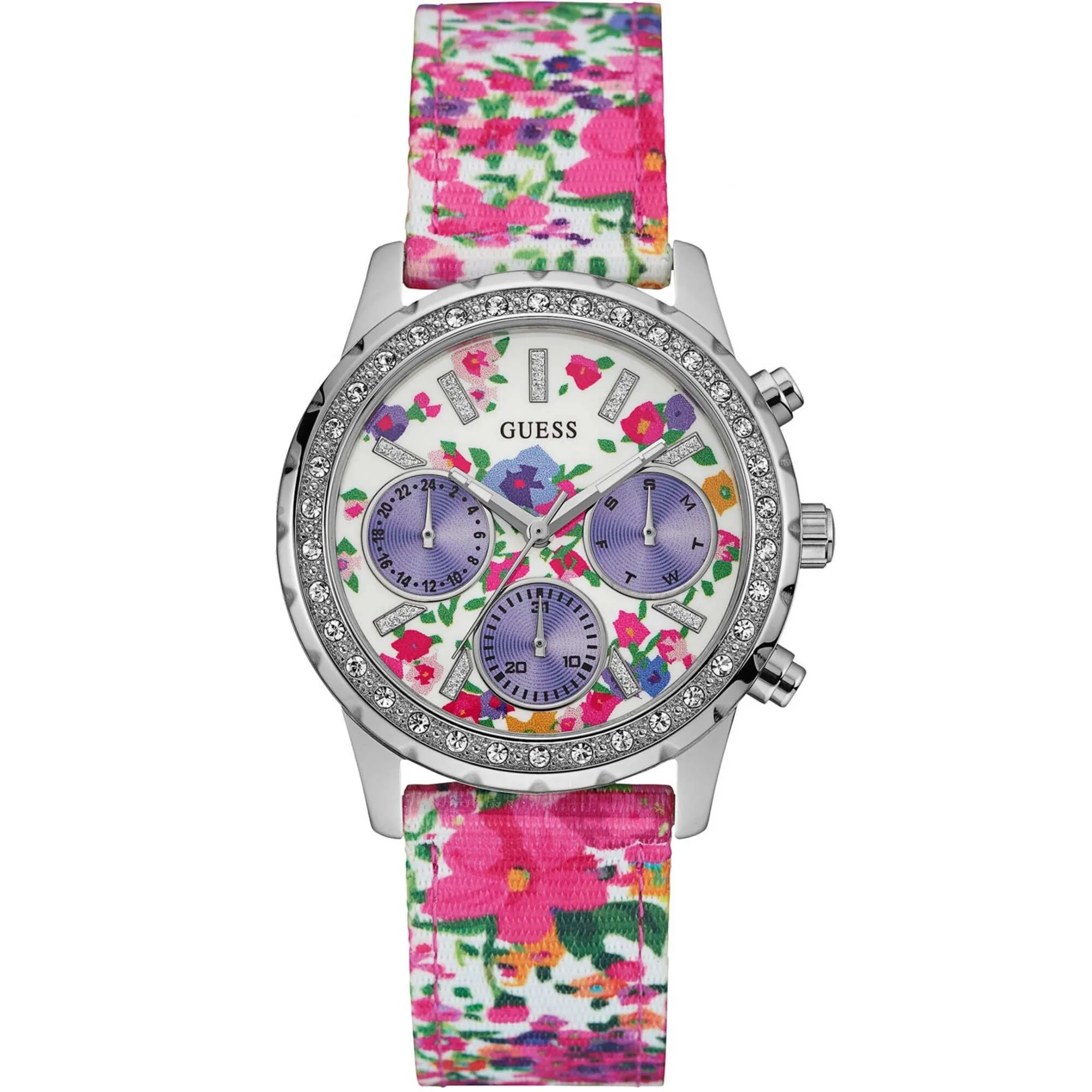 Guess Women's Watch - Melody White and Violet Dial Multicolor Nylon Strap | U0903L1 Luxury Quartz Watch Quartz Watch Sale