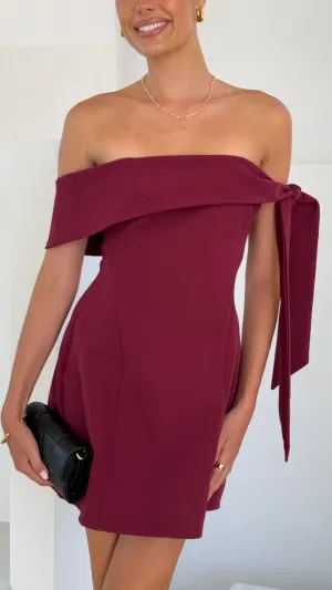 Halen Off Shoulder Mini Dress - Wine,prom dresses,wedding guest dresses,homecoming dresses,bridesmaid dresses,cocktail dresses,women clothing,summer dresses,formal dresses,sundresses,mother of the bride dresses,quince clothing,bodycon dress,dress casual,dr