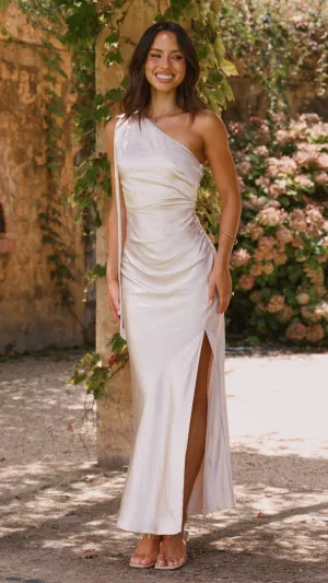 Halle One Shoulder Maxi Dress - Champagne,prom dresses,wedding guest dresses,homecoming dresses,bridesmaid dresses,cocktail dresses,women clothing,summer dresses,formal dresses,sundresses,mother of the bride dresses,quince clothing,bodycon dress,dress casu