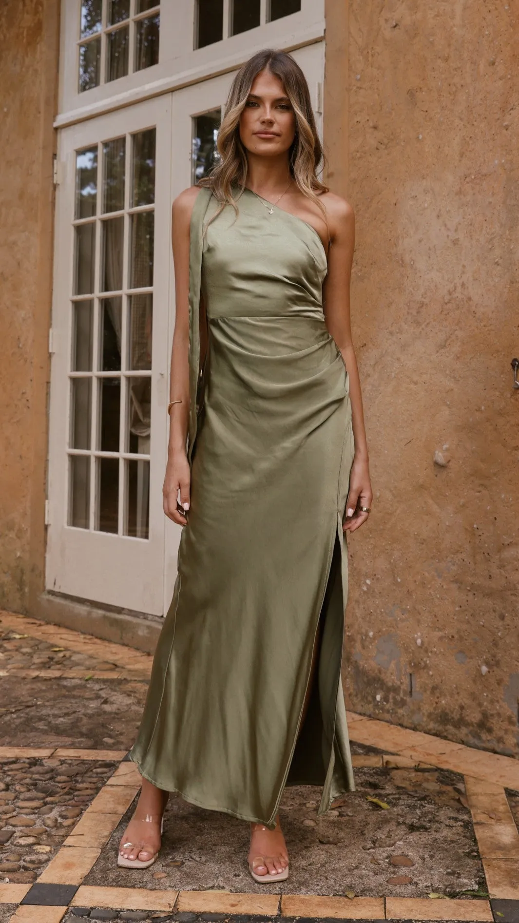 Halle One Shoulder Maxi Dress - Olive,prom dresses,wedding guest dresses,homecoming dresses,bridesmaid dresses,cocktail dresses,women clothing,summer dresses,formal dresses,sundresses,mother of the bride dresses,quince clothing,bodycon dress,dress casual,d