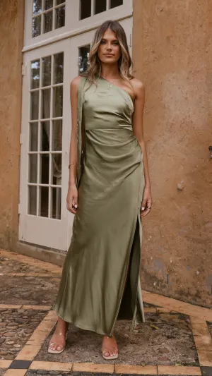 Halle One Shoulder Maxi Dress - Olive,prom dresses,wedding guest dresses,homecoming dresses,bridesmaid dresses,cocktail dresses,women clothing,summer dresses,formal dresses,sundresses,mother of the bride dresses,quince clothing,bodycon dress,dress casual,d