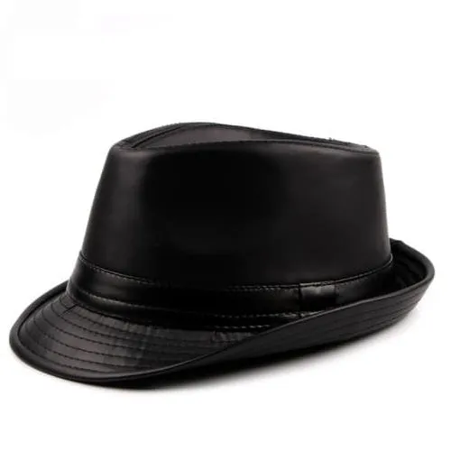 Hancock Leather Trilby Hat stylish boater hat with ribbon on model