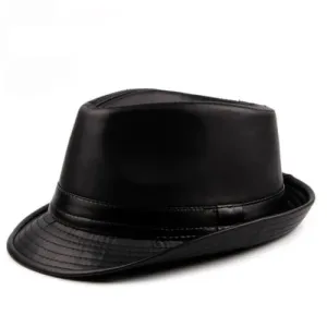 Hancock Leather Trilby Hat stylish boater hat with ribbon on model