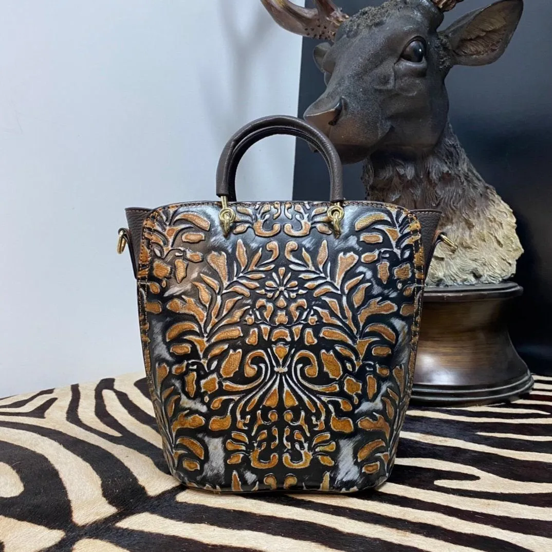 Hand-Carved Bucket Bag, Hand-Painted Black in Brown Shoulder Bag with Leather Carving, Vintage Crafted Bag, Boho Leather Bag, Gift For Her bucket bags for sale
