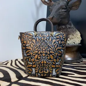 Hand-Carved Bucket Bag, Hand-Painted Black in Brown Shoulder Bag with Leather Carving, Vintage Crafted Bag, Boho Leather Bag, Gift For Her bucket bags for sale