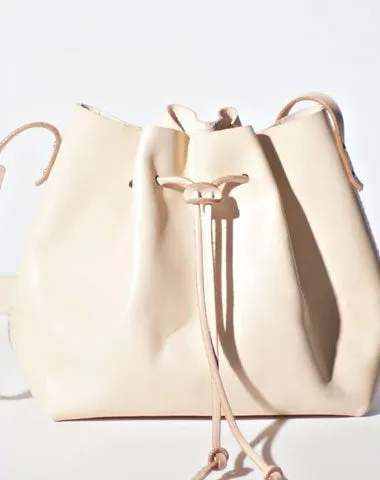 Handmade Beige Women Leather bucket crossbody bag Barrel shoulder bag for women cheap online