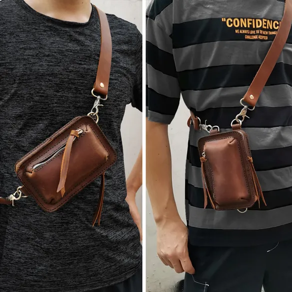 Handmade Brown LEATHER MEN Belt Pouch Waist BAG MIni Green Side Bag Belt Bag FOR MEN Brown