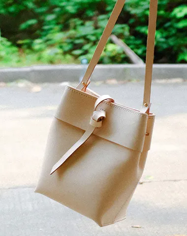 Handmade Leather Beige Womens Bucket Purses Barrel Shoulder Bags for Women cheap online