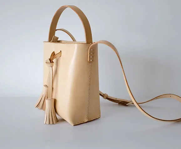 Handmade Leather Beige Womens Handbag Bucket Purse Barrel Shoulder Bags for Women