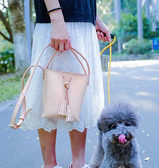 Handmade Leather Beige Womens Handbag Bucket Purse Barrel Shoulder Bags for Women