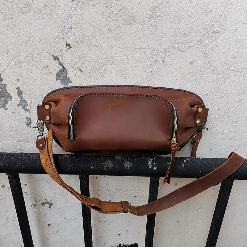 Handmade LEATHER MEN Sling Bag Waist BAG Brown LEATHER Fanny Pack FOR MEN Brown
