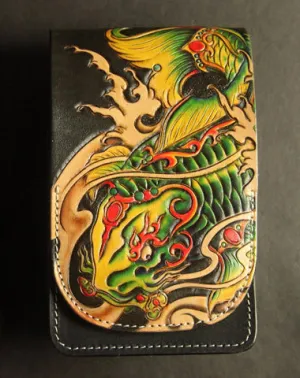 Handmade Tooled Leather Carp Mens Belt Pouch Waist Bag Belt Phone Bag Mobile Bag For Men Red Fish