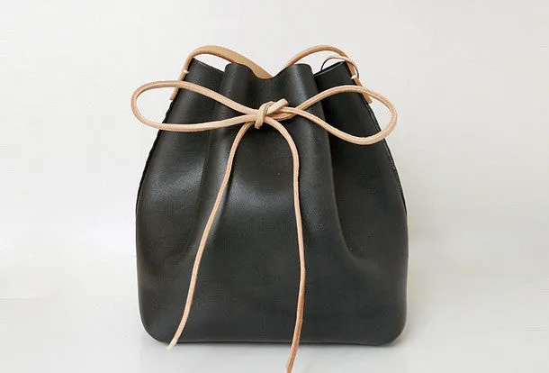 Handmade Womens Black Leather Shoulder Bucket Bags Barrel Purse for Women