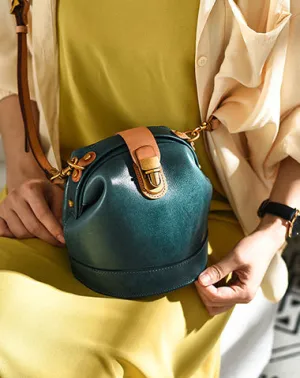 Handmade Womens Blue Leather Doctor Bucket Shoulder Purses Blue Doctor Crossbody Purse for Women cheap online