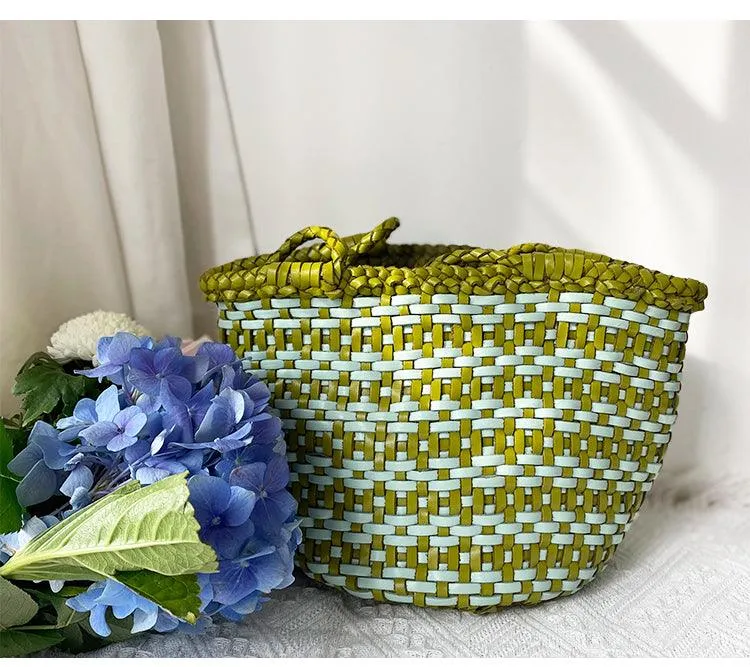Handwoven Cowhide Leather Bucket Bag, Vintage Two-tone Woven Cowhide Handbag, French-Style Basket Bag, Handmade Shoulder Bag for Women