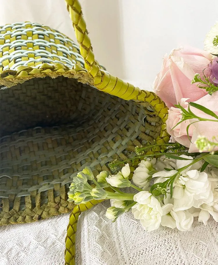 Handwoven Cowhide Leather Bucket Bag, Vintage Two-tone Woven Cowhide Handbag, French-Style Basket Bag, Handmade Shoulder Bag for Women