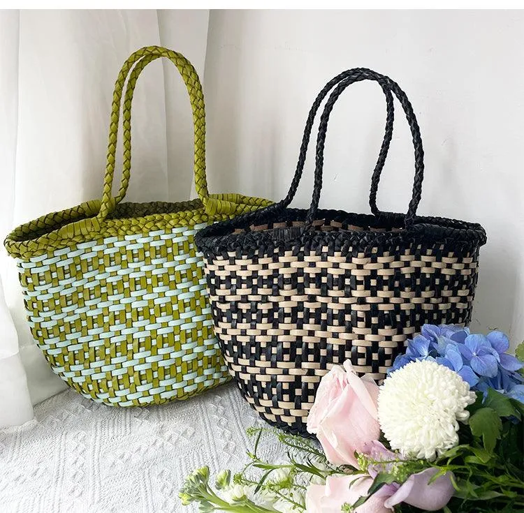 Handwoven Cowhide Leather Bucket Bag, Vintage Two-tone Woven Cowhide Handbag, French-Style Basket Bag, Handmade Shoulder Bag for Women