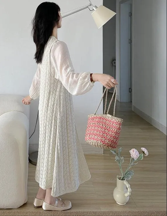 Handwoven Cowhide Leather Bucket Bag, Vintage Two-tone Woven Cowhide Handbag, French-Style Basket Bag, Handmade Shoulder Bag for Women