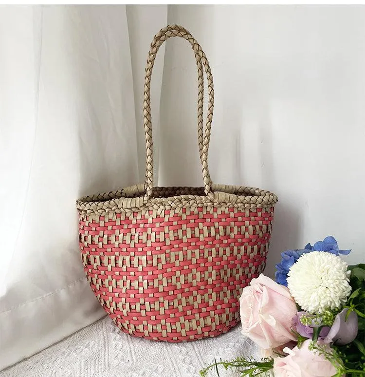 Handwoven Cowhide Leather Bucket Bag, Vintage Two-tone Woven Cowhide Handbag, French-Style Basket Bag, Handmade Shoulder Bag for Women
