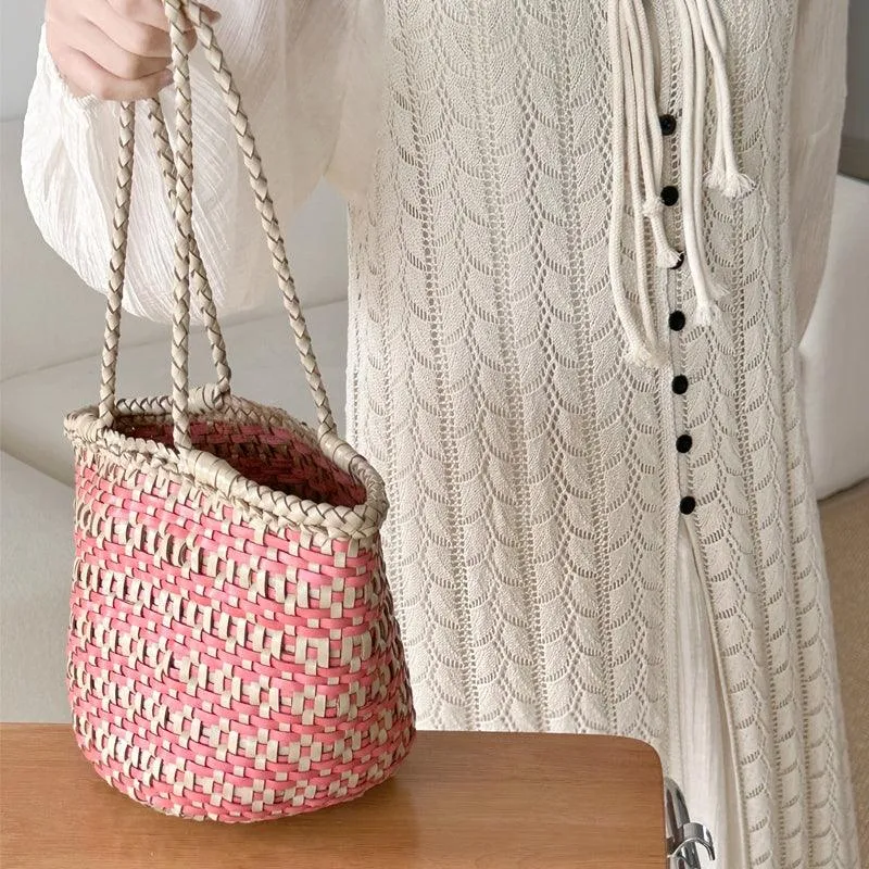 Handwoven Cowhide Leather Bucket Bag, Vintage Two-tone Woven Cowhide Handbag, French-Style Basket Bag, Handmade Shoulder Bag for Women