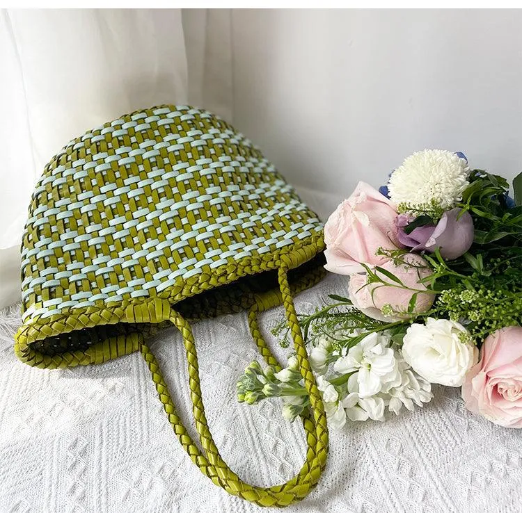 Handwoven Cowhide Leather Bucket Bag, Vintage Two-tone Woven Cowhide Handbag, French-Style Basket Bag, Handmade Shoulder Bag for Women
