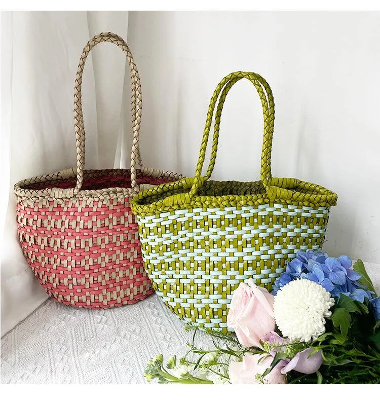 Handwoven Cowhide Leather Bucket Bag, Vintage Two-tone Woven Cowhide Handbag, French-Style Basket Bag, Handmade Shoulder Bag for Women