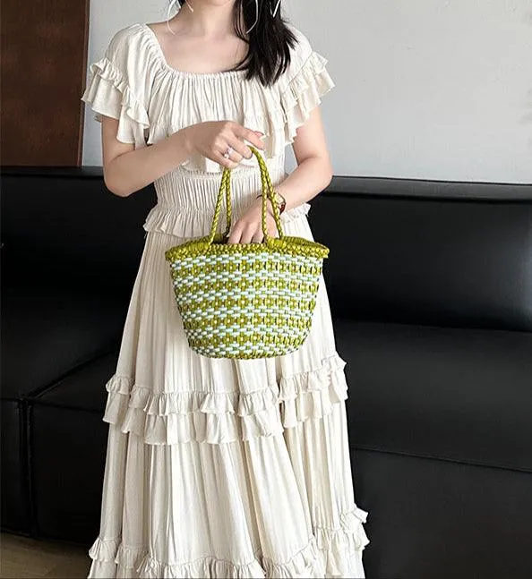 Handwoven Cowhide Leather Bucket Bag, Vintage Two-tone Woven Cowhide Handbag, French-Style Basket Bag, Handmade Shoulder Bag for Women
