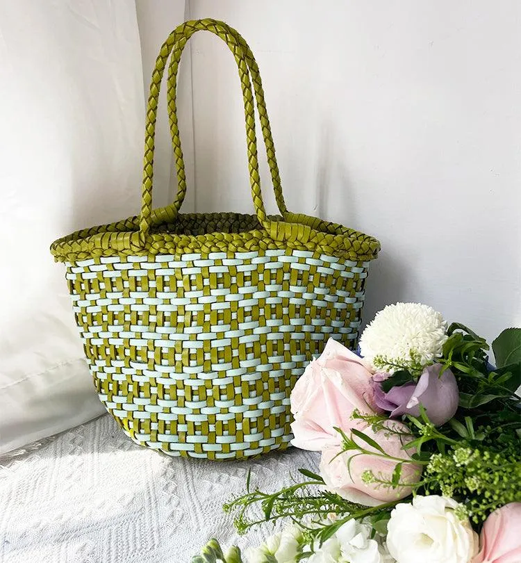 Handwoven Cowhide Leather Bucket Bag, Vintage Two-tone Woven Cowhide Handbag, French-Style Basket Bag, Handmade Shoulder Bag for Women