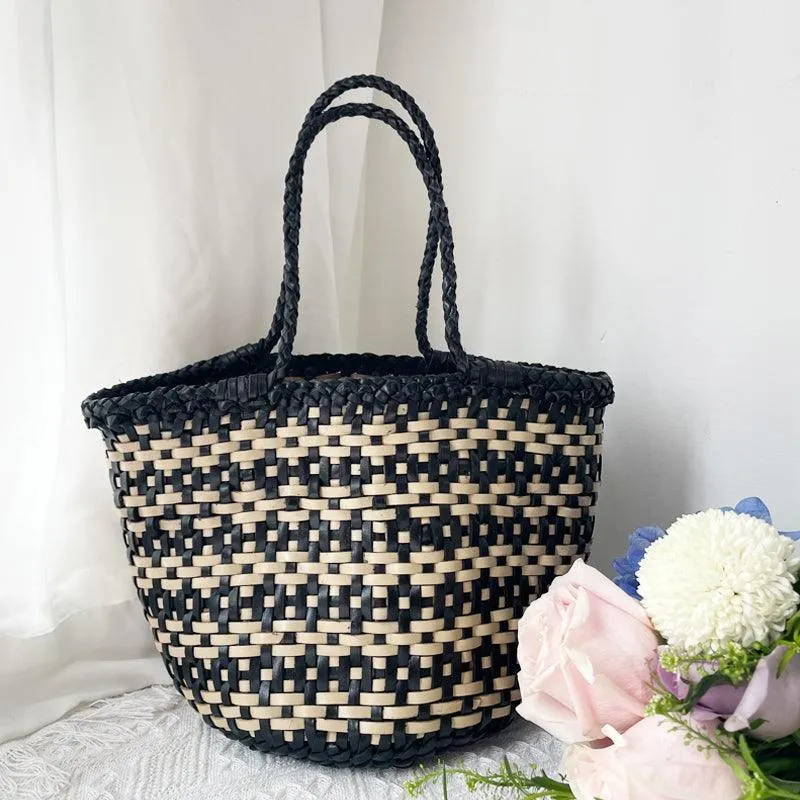 Handwoven Cowhide Leather Bucket Bag, Vintage Two-tone Woven Cowhide Handbag, French-Style Basket Bag, Handmade Shoulder Bag for Women
