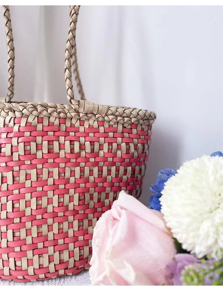 Handwoven Cowhide Leather Bucket Bag, Vintage Two-tone Woven Cowhide Handbag, French-Style Basket Bag, Handmade Shoulder Bag for Women