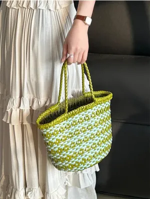 Handwoven Cowhide Leather Bucket Bag, Vintage Two-tone Woven Cowhide Handbag, French-Style Basket Bag, Handmade Shoulder Bag for Women bucket bags for sale