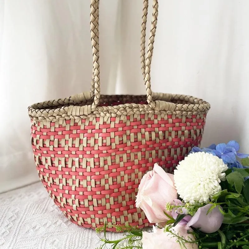 Handwoven Cowhide Leather Bucket Bag, Vintage Two-tone Woven Cowhide Handbag, French-Style Basket Bag, Handmade Shoulder Bag for Women
