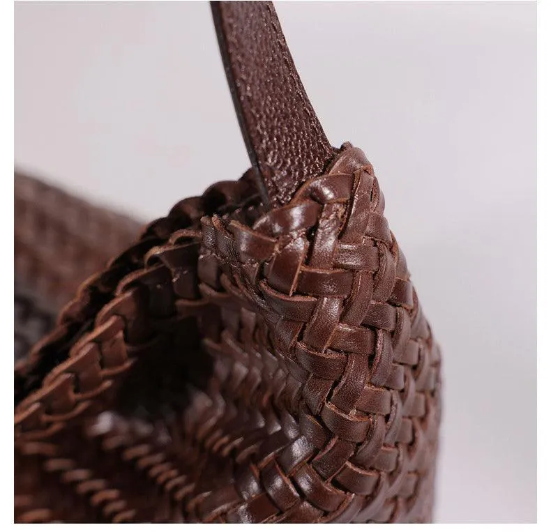 Handwoven Full-Grain Leather Bucket Bag | Stylish Shoulder Bag for Women | Leather Beach Bag